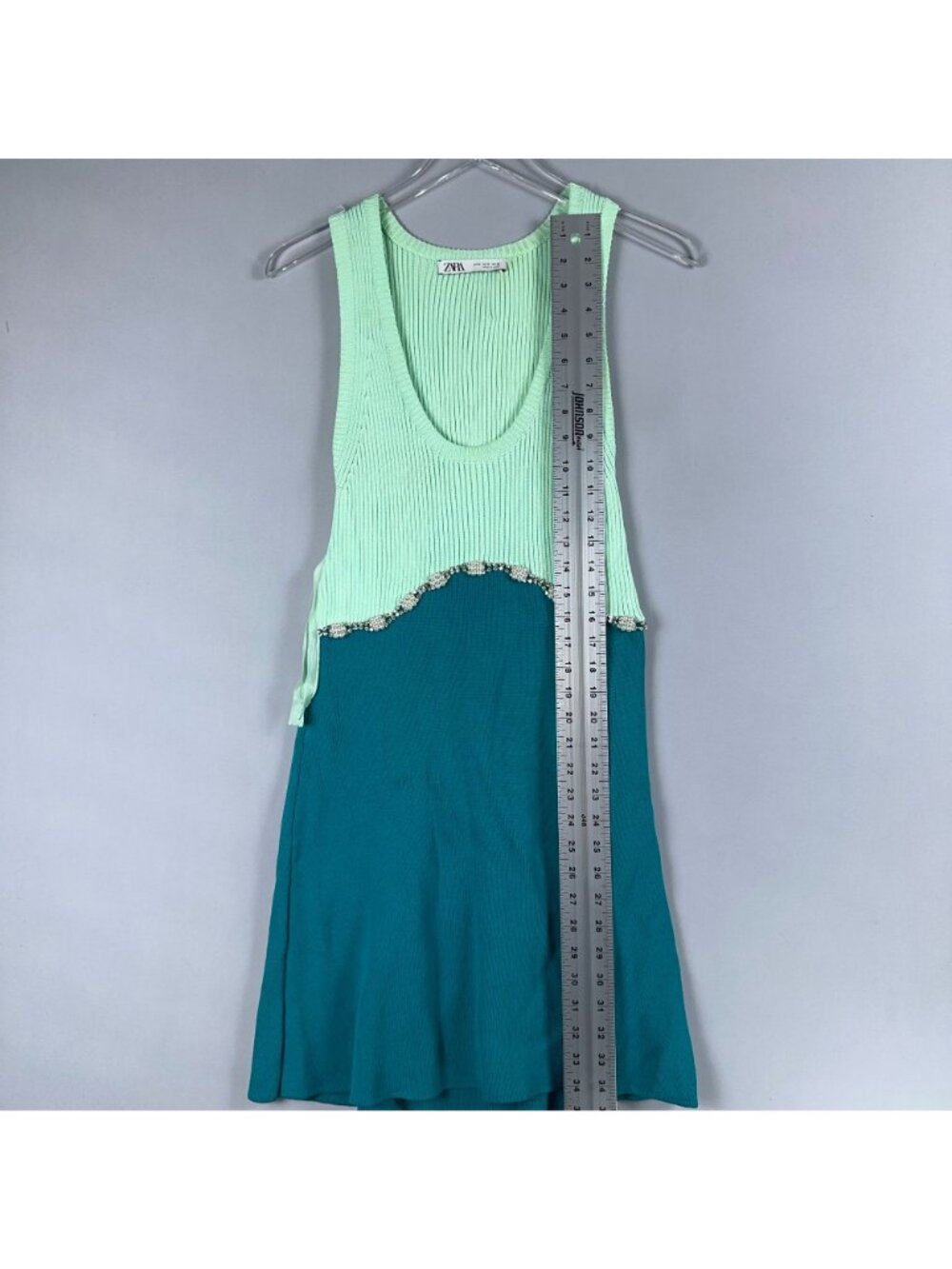 Zara Jewel Appliqué Dress Size Medium Mint Teal Sleeveless Rhinestone Pearl Trim - Picture 11 of 14